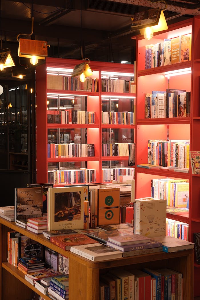 heros-img Warmly lit bookstore interior in Istanbul with vibrant shelves.